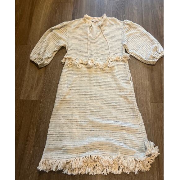 Something Navy Piper Fringe Dress Boho Tasseled Knitted Midi Cream Medium - Picture 4 of 9